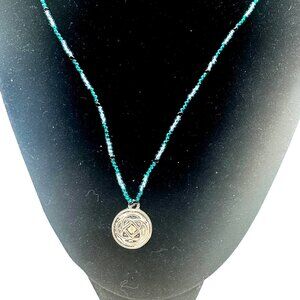 Beaded Necklace Teal Glass Silver Celtic Inspired Pendant 21 Inch Toggle Clasp